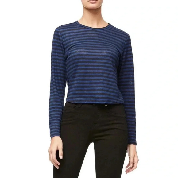 Good American Navy 100% Linen Stripe Blouse Size Small - Picture 1 of 4